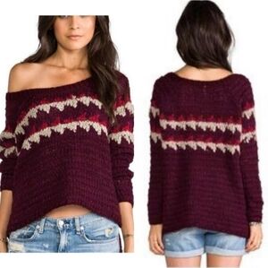 Free People Chunky Off-Shoulder Sweater in Burgundy with Cream & Red Accent